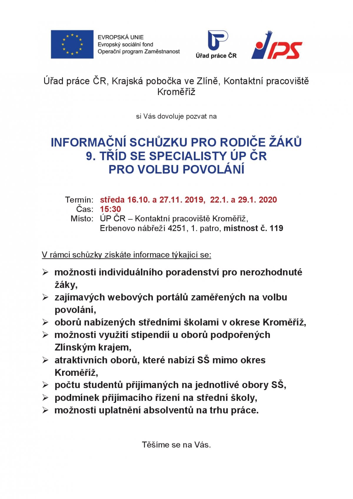 Informační schůzka pro rodiče žáků 9. tříd se specialisty ÚP ČR pro volbu povolání